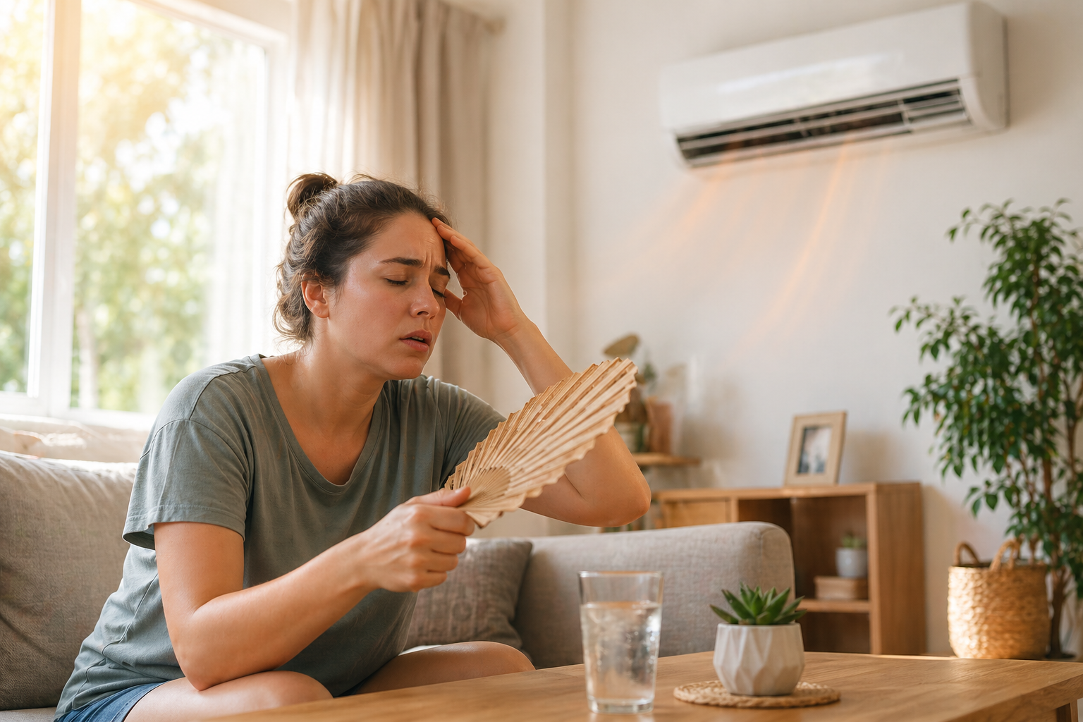 woman overheating in house